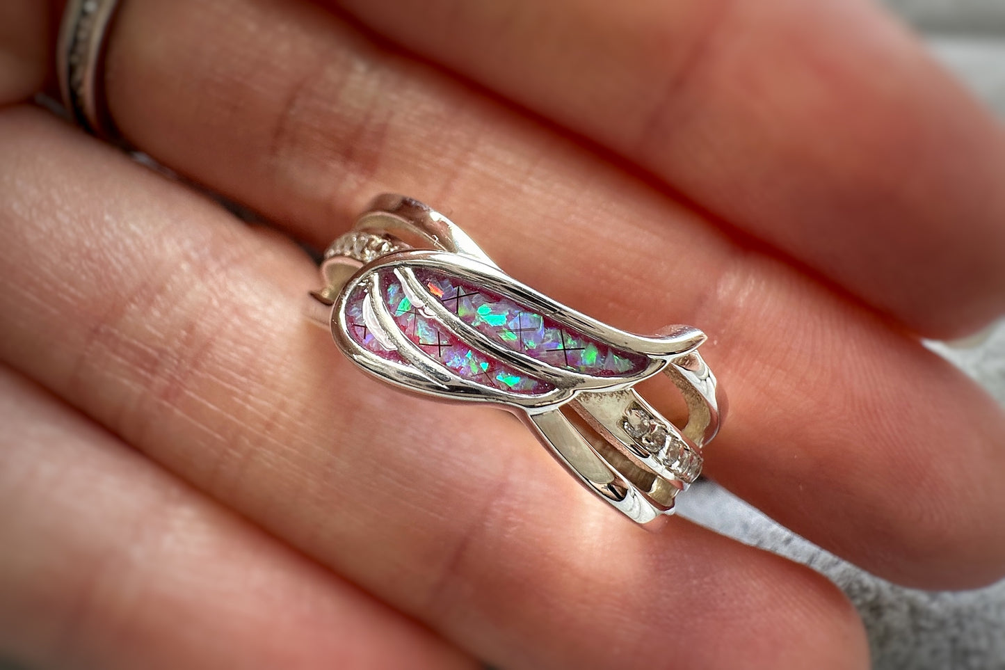 925 Silver Angel Wing Crystal Ring
