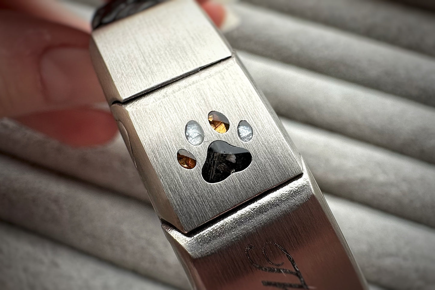 Brushed Stainless Steel Men’s Paw Print Leather Bracelet