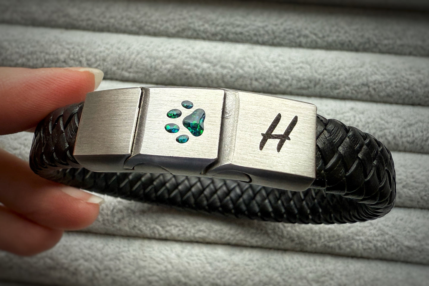 Brushed Stainless Steel Men’s Paw Print Leather Bracelet