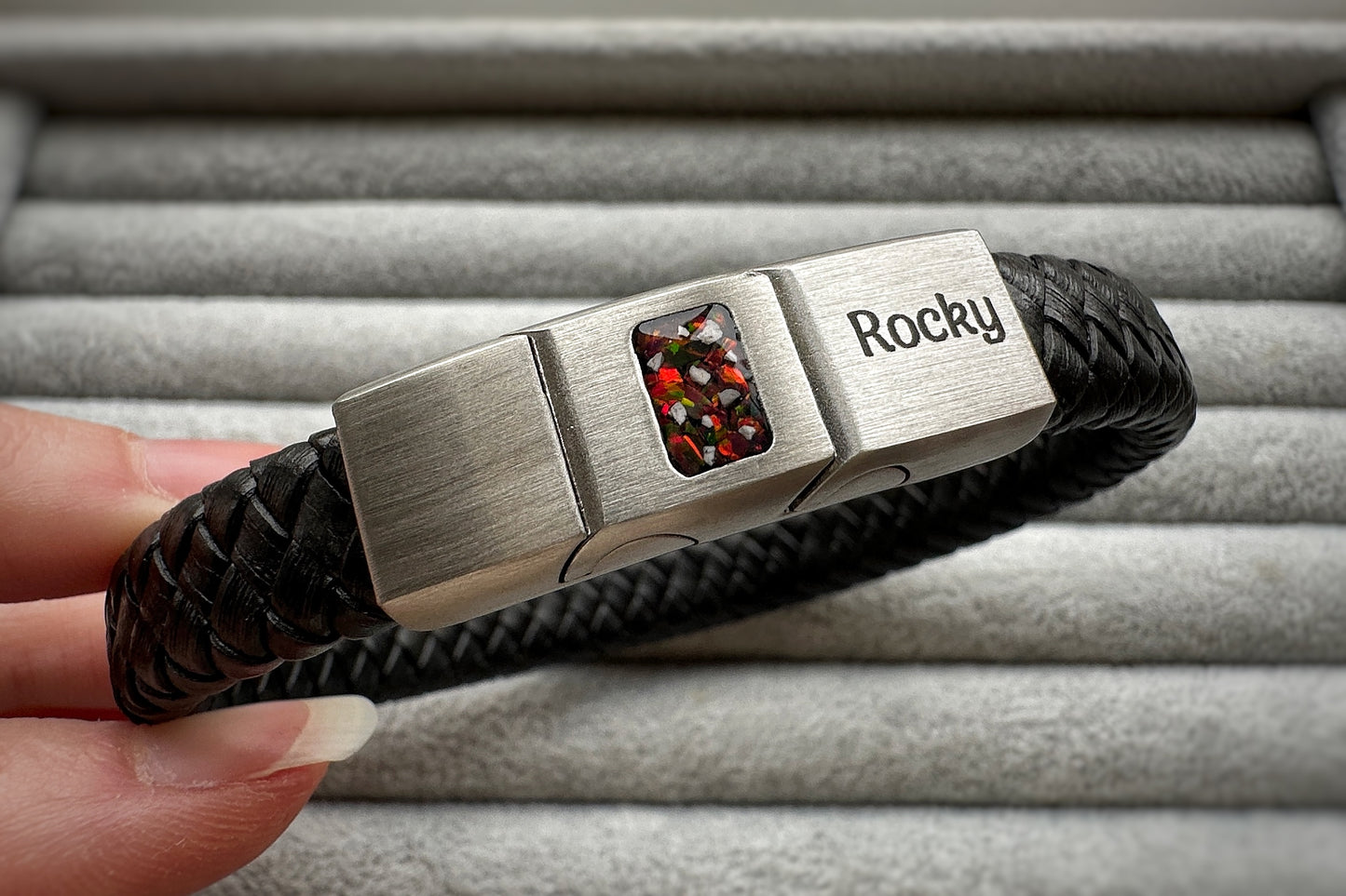 Brushed Stainless Steel Men’s Leather Bracelet