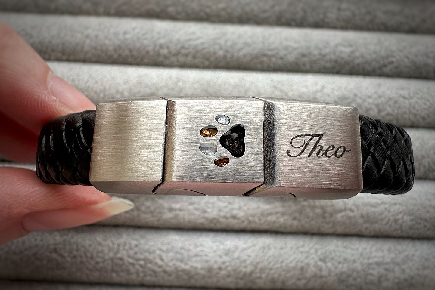 Brushed Stainless Steel Men’s Paw Print Leather Bracelet