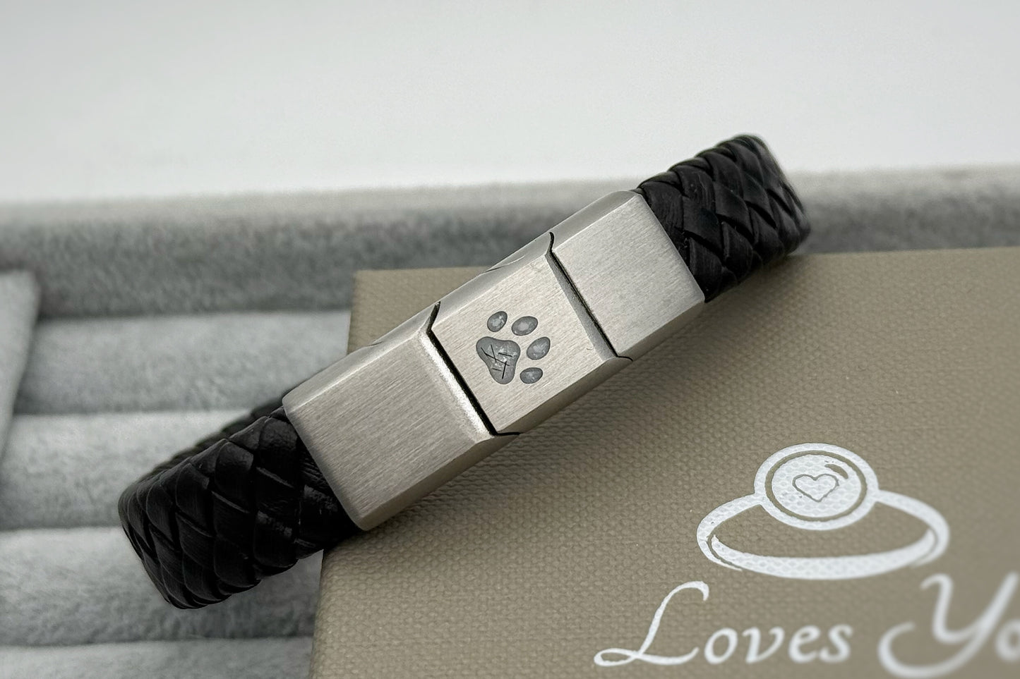 Brushed Stainless Steel Men’s Paw Print Leather Bracelet