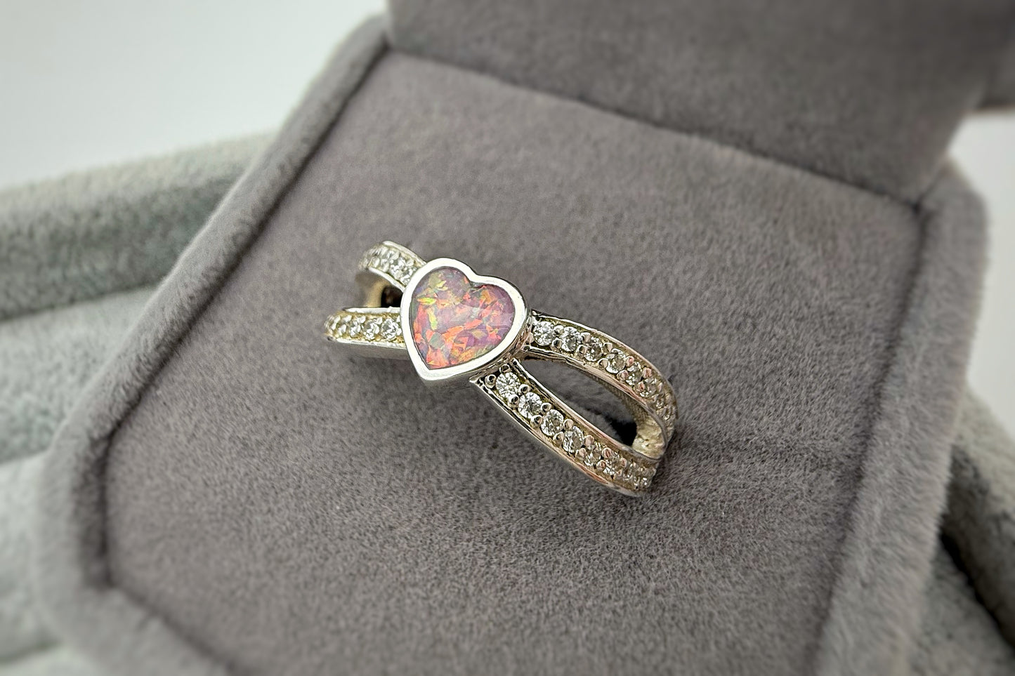 925 Silver Heart Split Crystal Ring