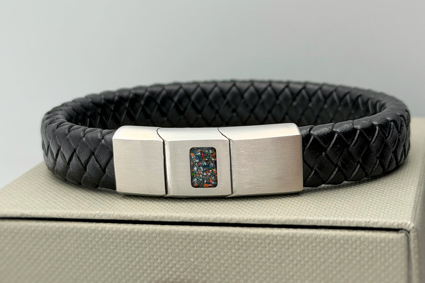 Brushed Stainless Steel Men’s Leather Bracelet