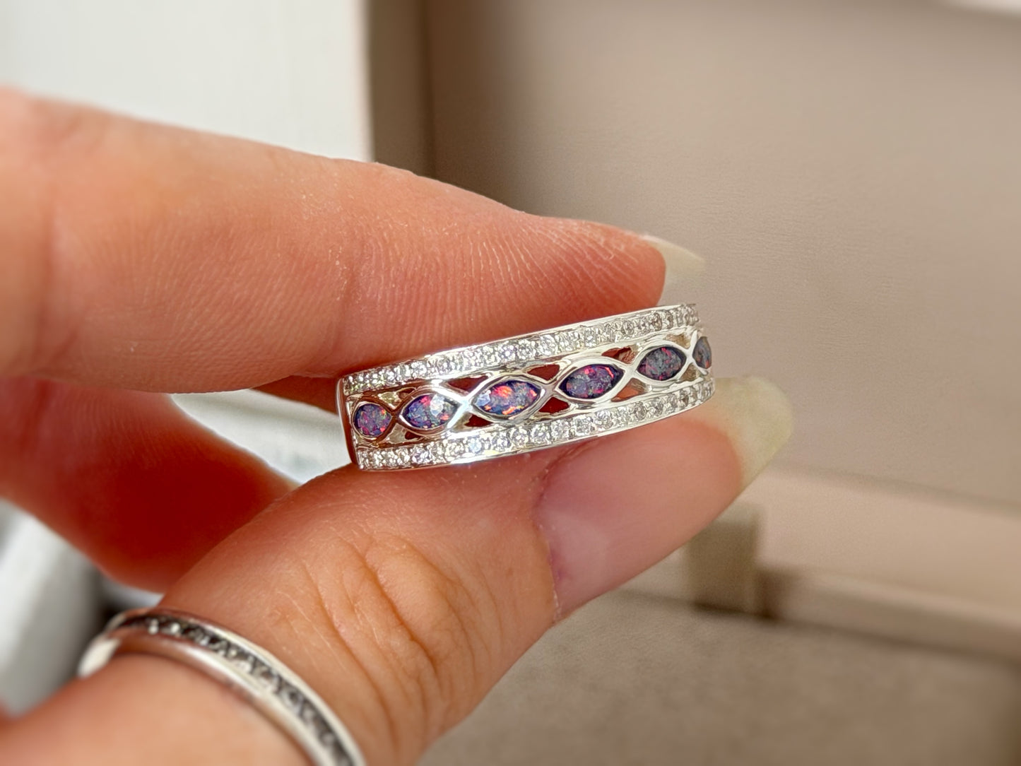 925 Silver Almond Crystal Band Ring