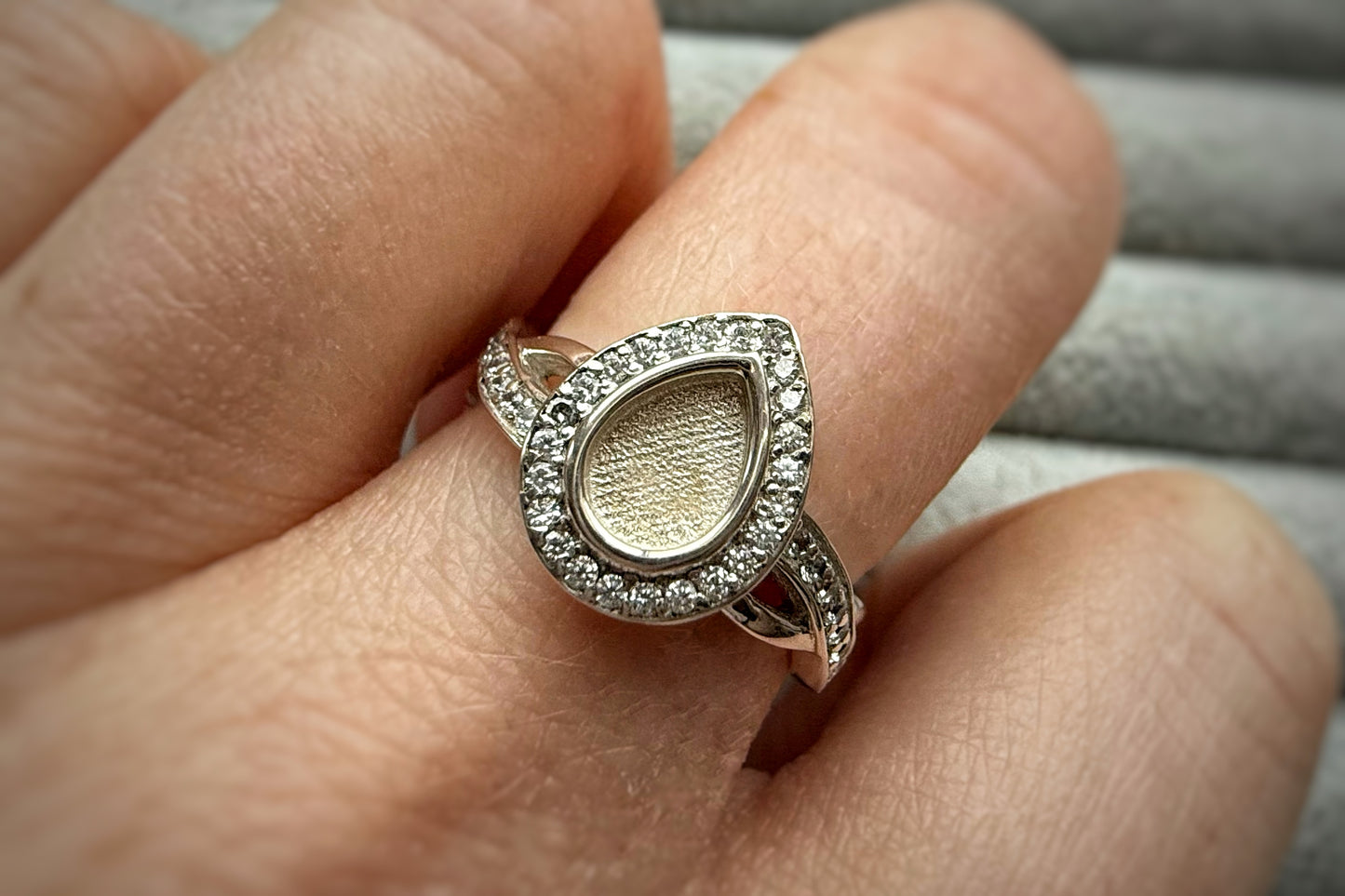 Silver Pear Crystal Crossover Ring Size O