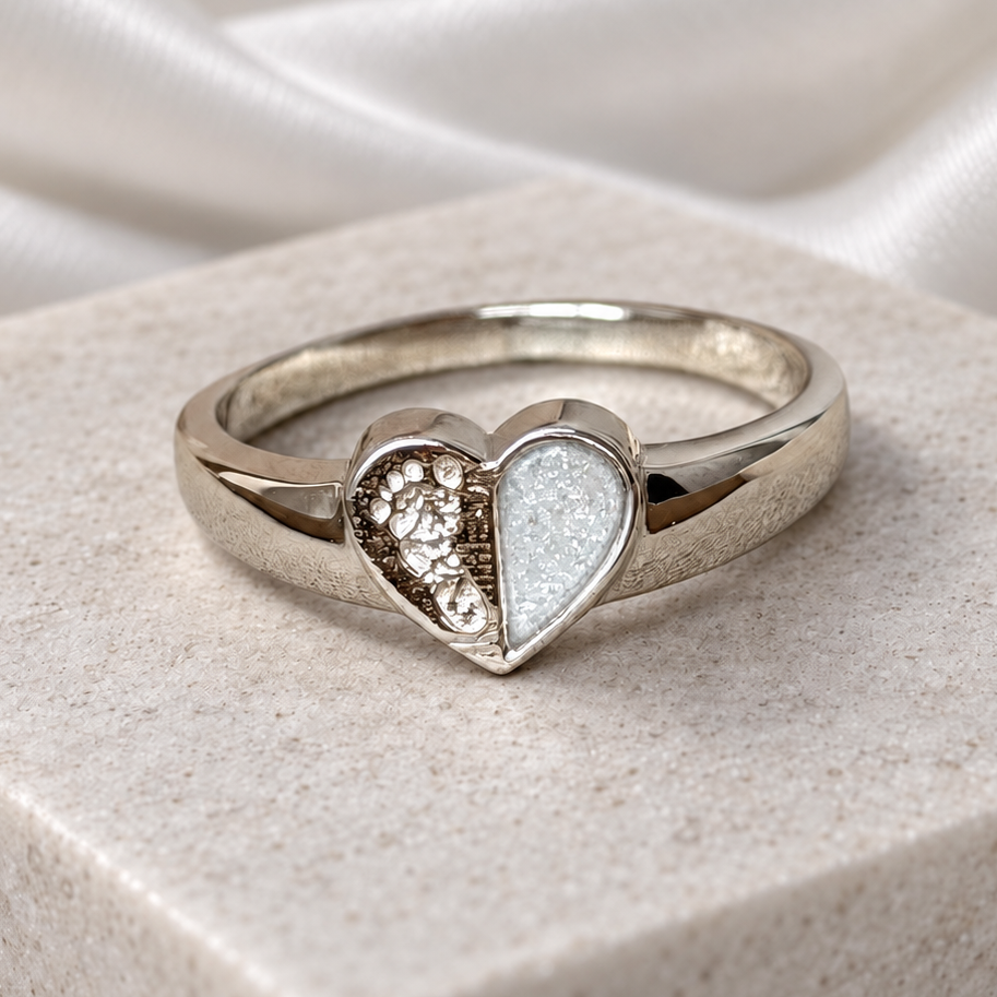925 Silver Baby Loss Heart Footprint Memorial Ring