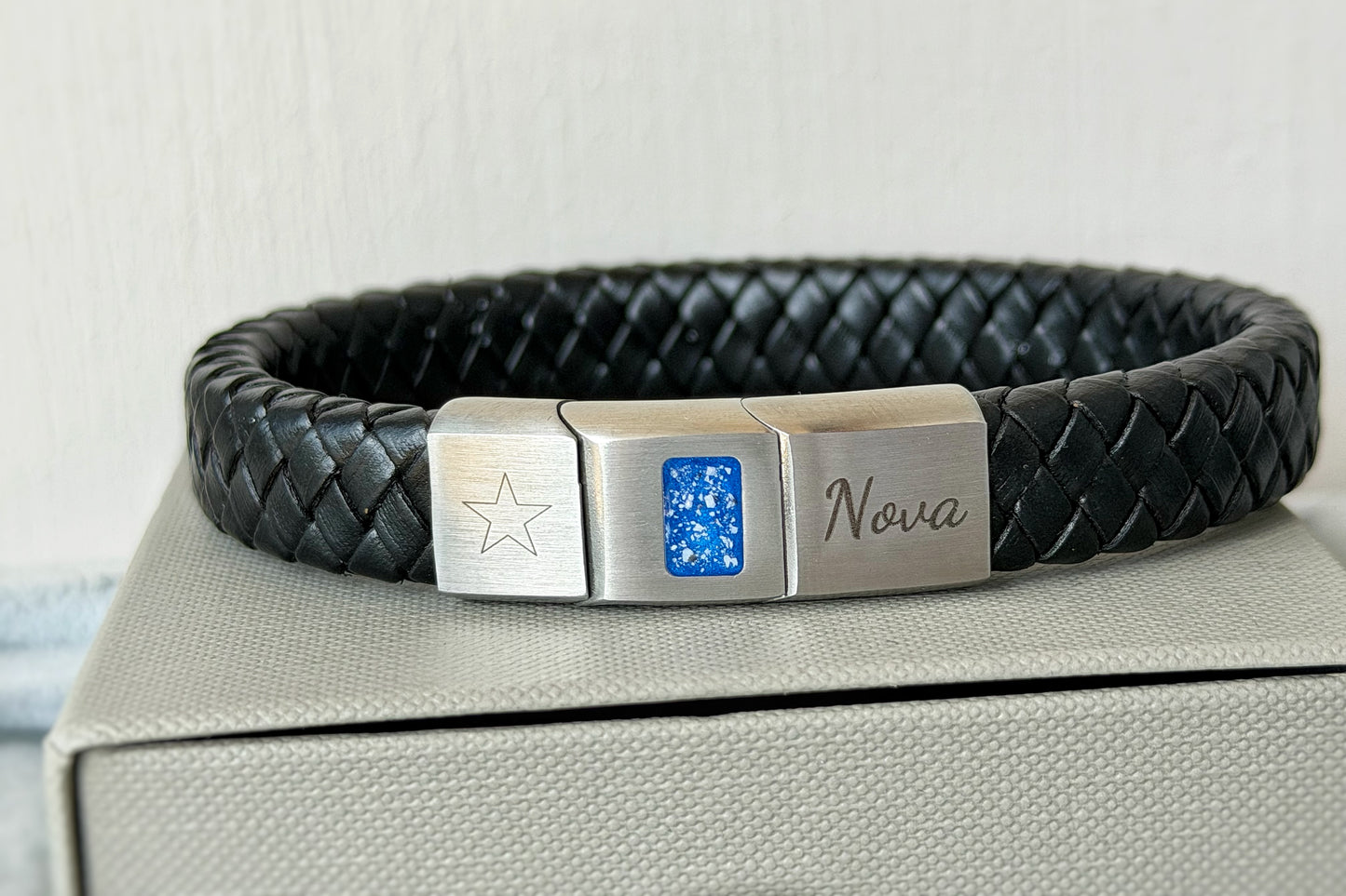 Brushed Stainless Steel Men’s Leather Bracelet