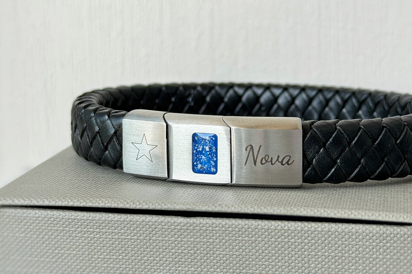 Brushed Stainless Steel Men’s Leather Bracelet