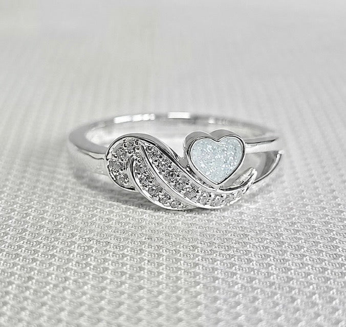 925 Silver Crystal Angel Wing Heart Ring