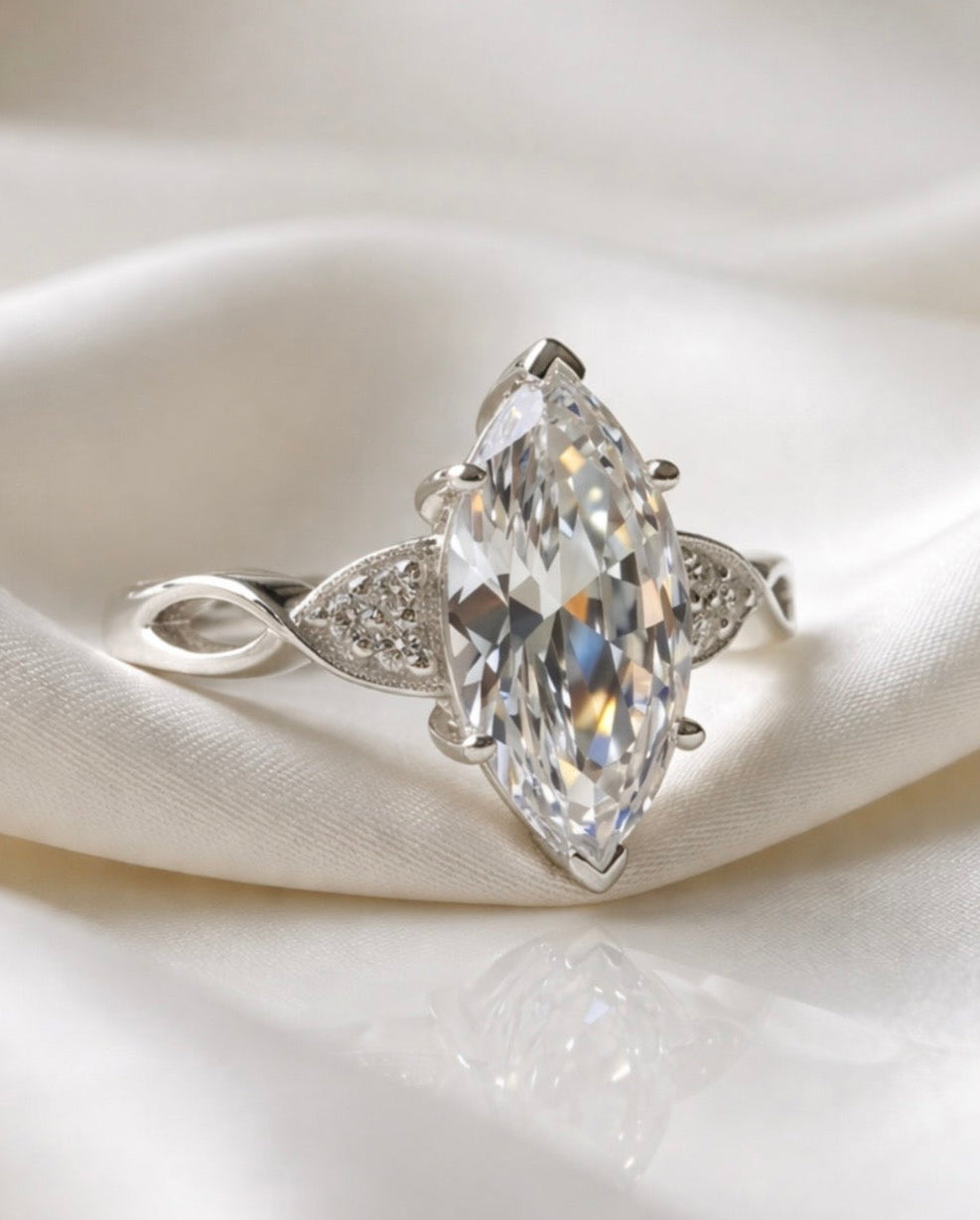 925 Silver Marquise Solitaire Statement Crystal Ring