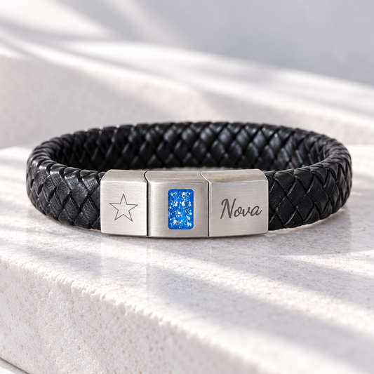 Brushed Stainless Steel Men’s Leather Bracelet