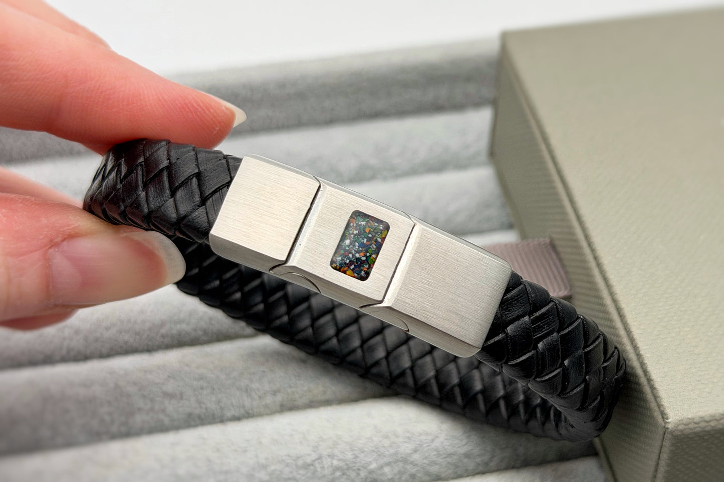 Brushed Stainless Steel Men’s Leather Bracelet
