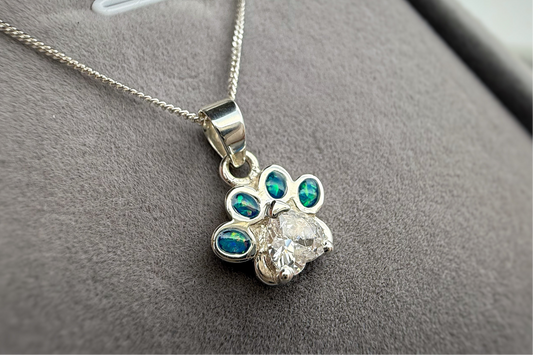 925 Silver Petite Heart Crystal Paw Print Pendant
