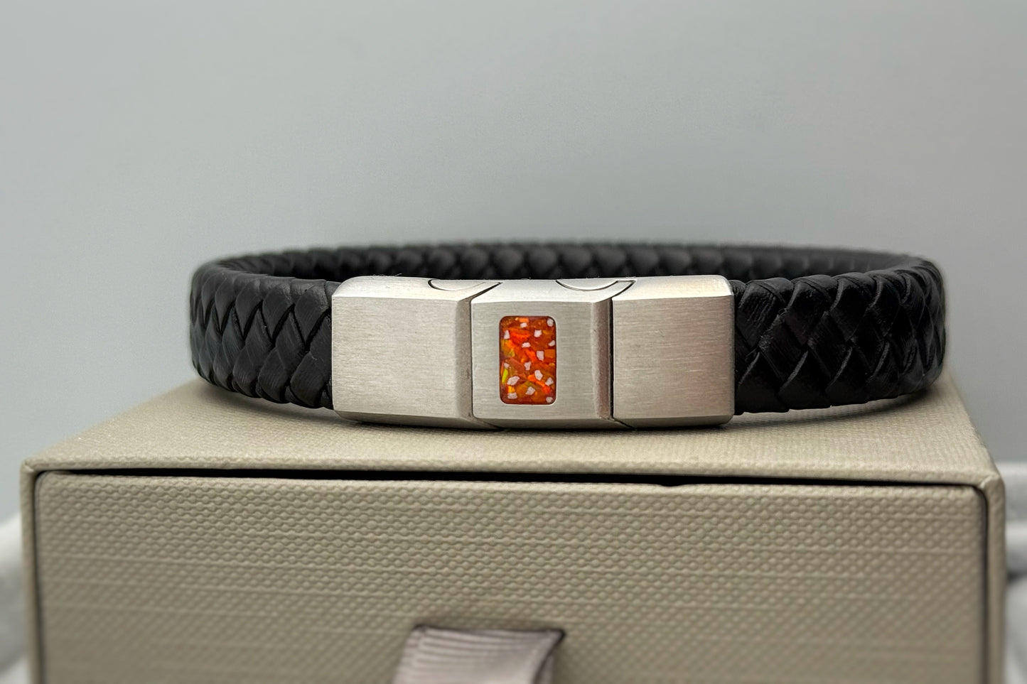 Brushed Stainless Steel Men’s Leather Bracelet