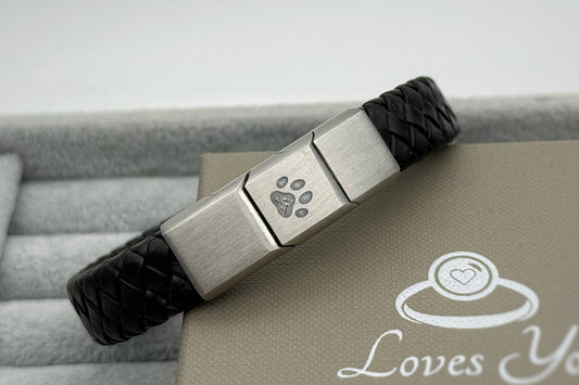 Brushed Stainless Steel Men’s Paw Print Leather Bracelet