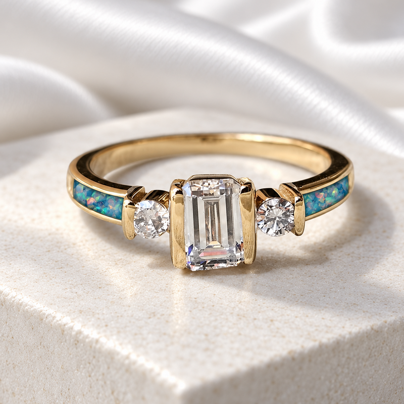9K Gold Emerald Cut Solitaire Ring