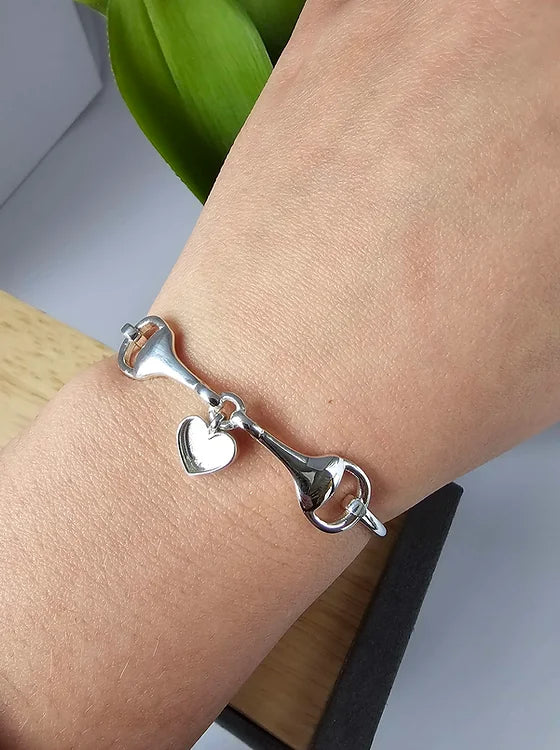 925 Silver Horse Bit Heart Charm Bangle