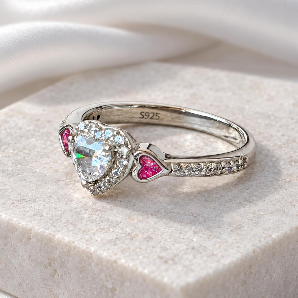 925 Silver Heart Cluster Crystal Ring